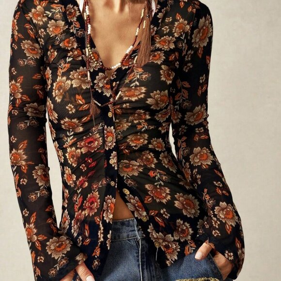 Multicolor Casual Women's Boho Lace mesh V-Neck Flared Sleeve Blouse - Picture 1 of 7